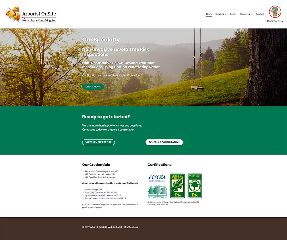 screenshot of arborist website